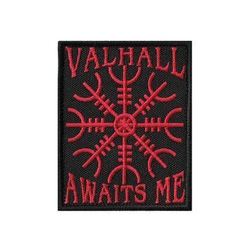 Вишитий шеврон "Valhall Awaits Me / Шолом жаху" на липучці Чорно-червоний 184 фото
