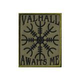 Вишитий шеврон "Valhall Awaits Me / Шолом жаху" на липучці олива чорний