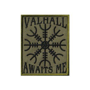 Вишитий шеврон "Valhall Awaits Me / Шолом жаху" на липучці олива чорний 185 фото