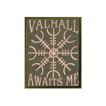 Вишитий шеврон "Valhall Awaits Me / Шолом жаху" на липучці олива бежевий 186 фото